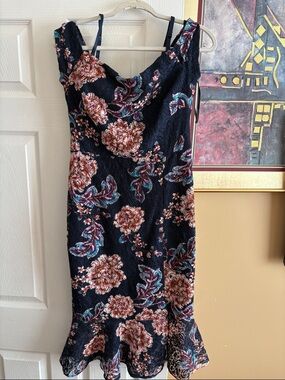 Guess Navy Floral Midi Dress with Pink and Teal Accents